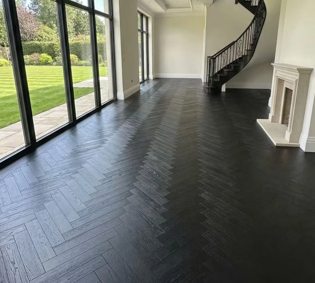 Galaxy Black Brushed Lacquered Engineered Herringbone Flooring