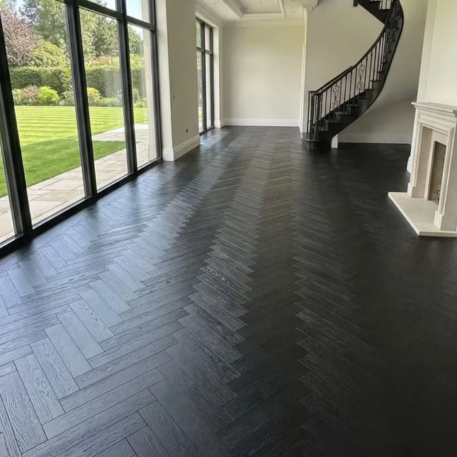 Galaxy Black Brushed Lacquered Engineered Herringbone Flooring