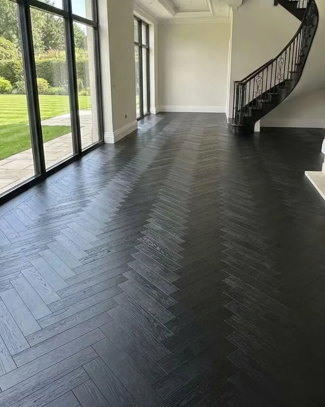 Galaxy Black Brushed Lacquered Engineered Herringbone Flooring