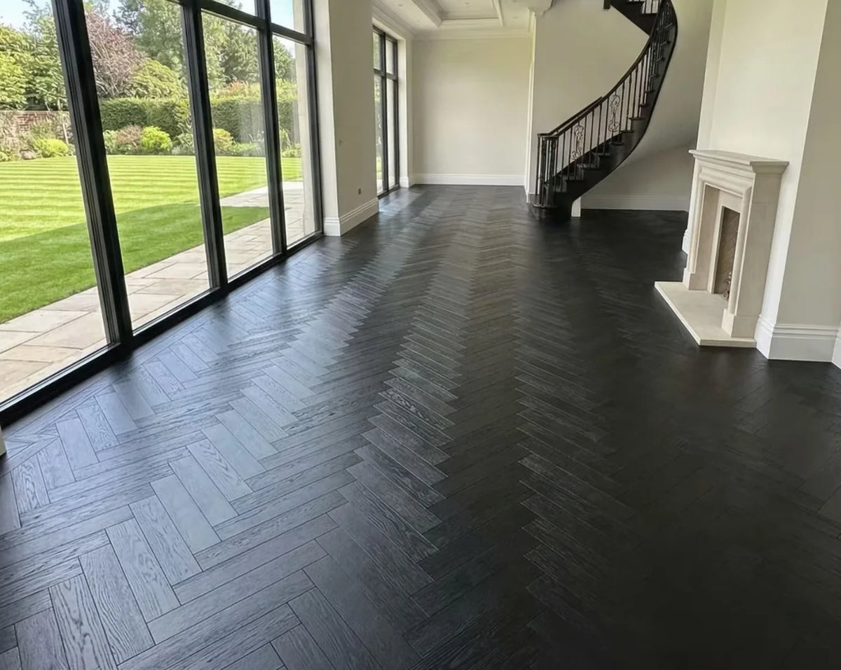Galaxy Black Brushed Lacquered Engineered Herringbone Flooring
