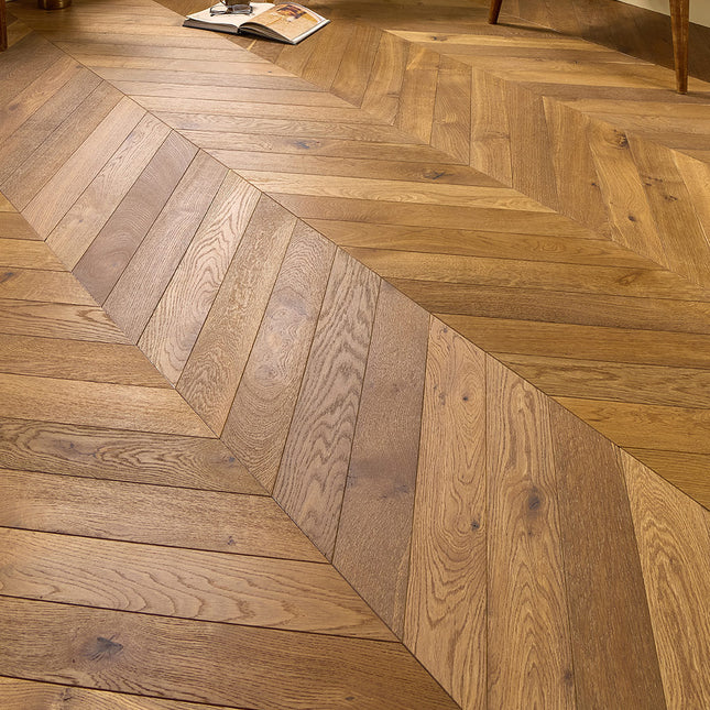 Classic Smoked Brushed UV Oiled Engineered Chevron Oak Flooring
