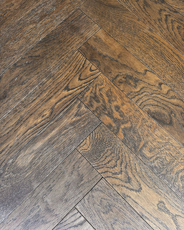 Dark Brown Brushed Oiled Engineered Herringbone Flooring
