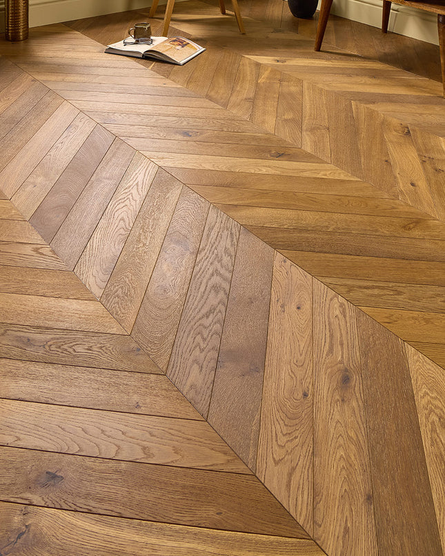 Classic Smoked Brushed UV Oiled Solid Chevron Oak Flooring