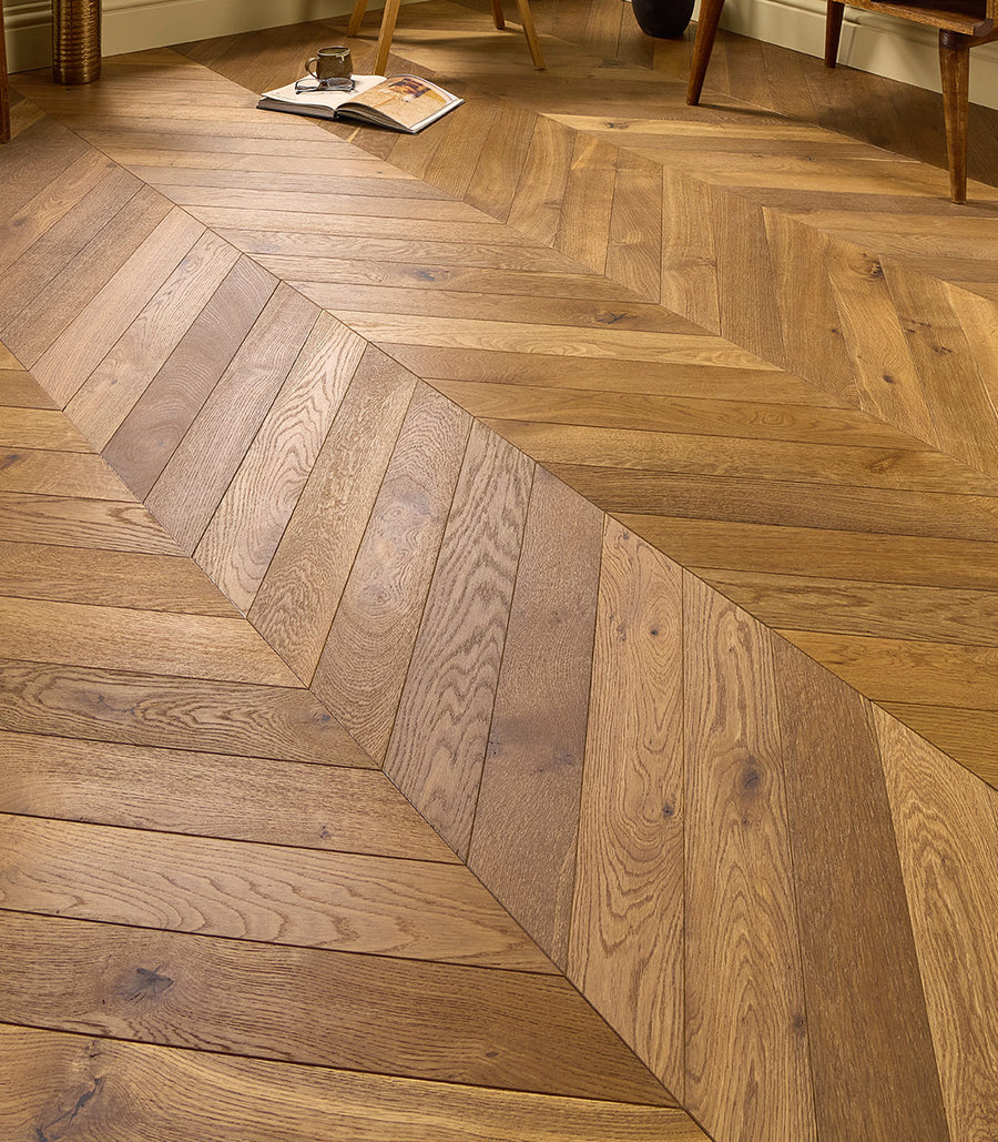 Classic Smoked Brushed UV Oiled Solid Chevron Oak Flooring