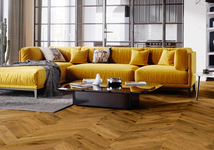 Pukka Flooring Engineered Oak Flooring – 14 x 130mm Chevron Engineered Oak – Smoked Oak Brushed & Matt Lacquered