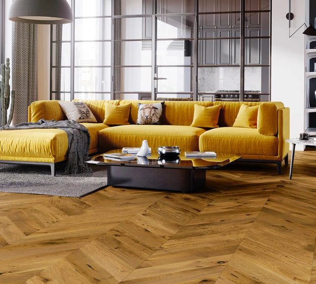 Pukka Flooring Engineered Oak Flooring – 14 x 130mm Chevron Engineered Oak – Smoked Oak Brushed & Matt Lacquered