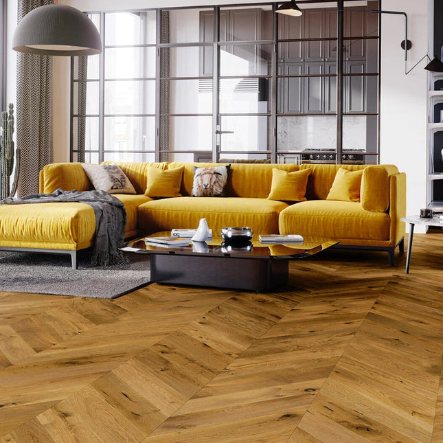 Pukka Flooring Engineered Oak Flooring – 14 x 130mm Chevron Engineered Oak – Smoked Oak Brushed & Matt Lacquered