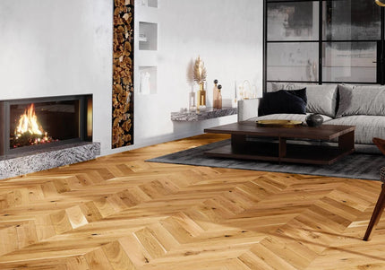 Pukka Flooring Engineered Oak Flooring – 14 x 130mm Chevron Engineered Oak – Natural Oak Brushed & Matt Lacquered