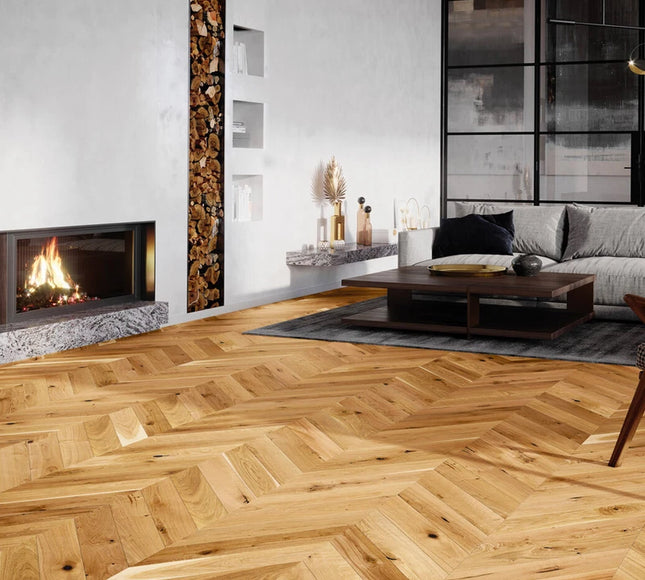 Pukka Flooring Engineered Oak Flooring – 14 x 130mm Chevron Engineered Oak – Natural Oak Brushed & Matt Lacquered