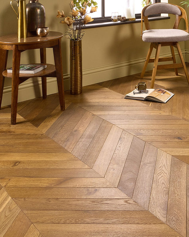 Classic Smoked Brushed UV Oiled Engineered Chevron Oak Flooring