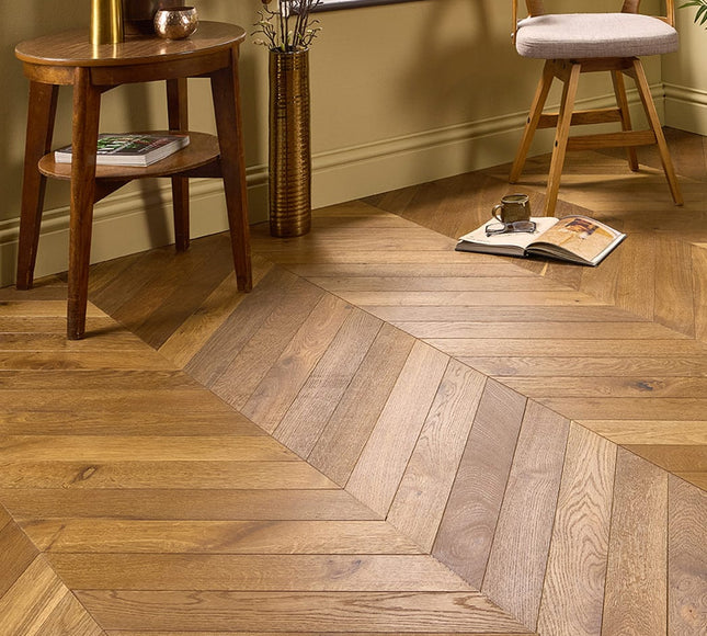 Classic Smoked Brushed UV Oiled Solid Chevron Oak Flooring