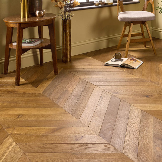 Classic Smoked Brushed UV Oiled Solid Chevron Oak Flooring