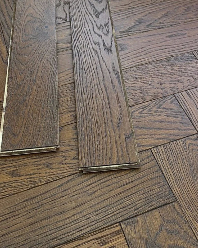 Dark Brown Brushed Oiled Engineered Herringbone Flooring