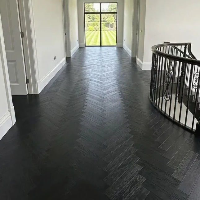 Galaxy Black Brushed Lacquered Engineered Herringbone Flooring