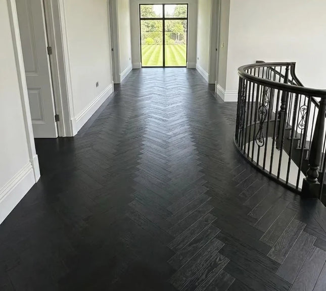 Galaxy Black Brushed Lacquered Engineered Herringbone Flooring