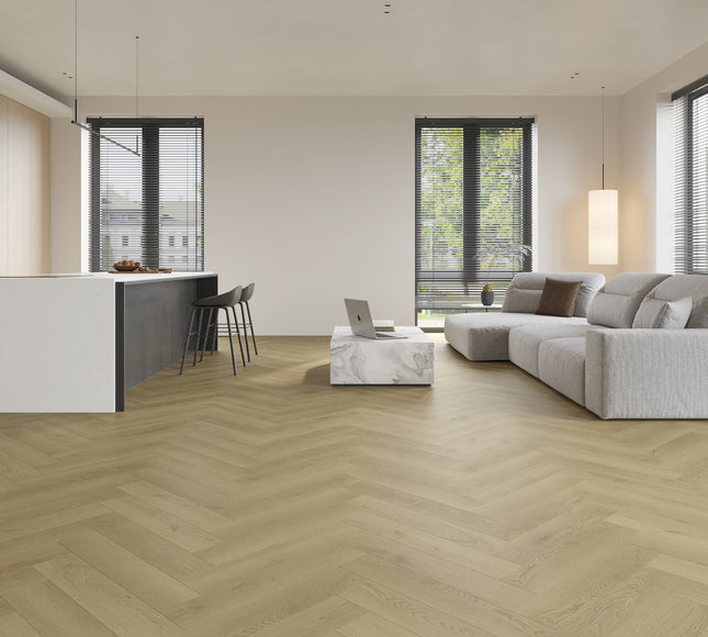 SPC Herringbone – Ivory Beige – Light Beige Tone for Bright, Elegant Interiors | Pukka Flooring