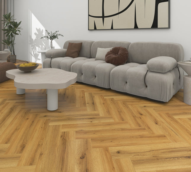 SPC Herringbone – Smoked Oak – Deep Natural Tones with Textured Finish for Enhanced Comfort | Pukka Flooring