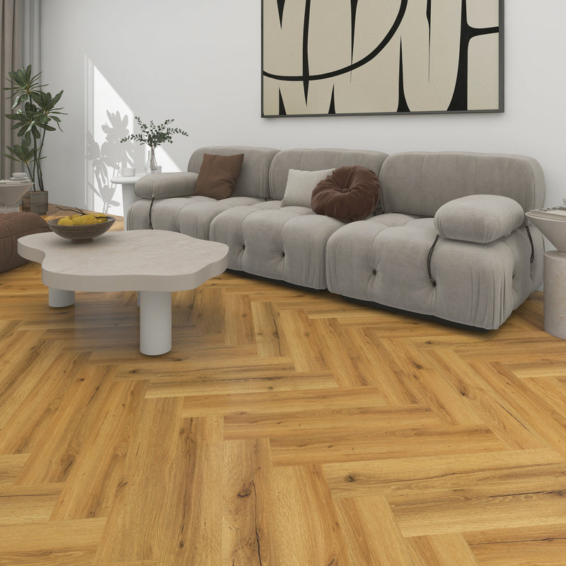 SPC Herringbone – Smoked Oak – Deep Natural Tones with Textured Finish for Enhanced Comfort | Pukka Flooring