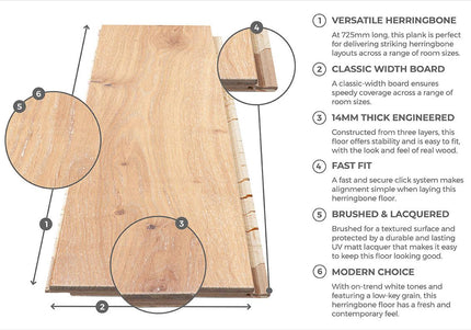 14 x 130mm Herringbone Engineered Oak – Whitened Oak Brushed & Matt Lacquered