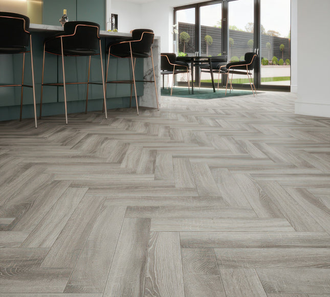 Pukka Flooring Engineered Oak Flooring – 12 x 150mm Click Engineered Oak Herringbone – Platinum Grey Oak Brushed & Matt Lacquered