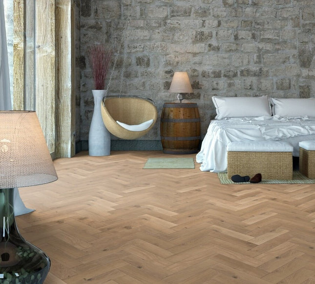 Pukka Flooring Engineered Oak Flooring – 20 x 120mm Engineered Herringbone – Natural Oak Brushed & UV Oiled